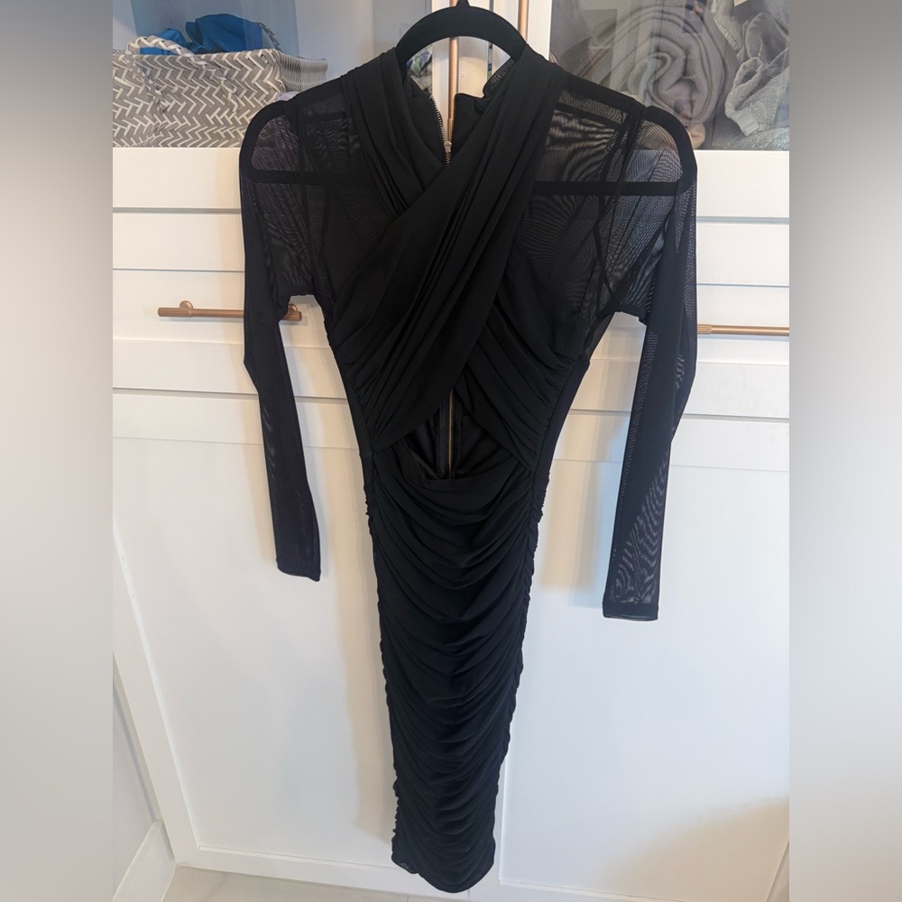 Back sexy sheer sleeved open gap in the middle midi cocktail dress